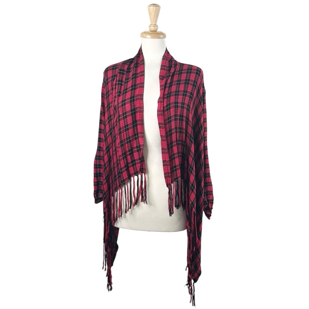 SKIES ARE BLUE Shawl Shirt Extra Small Buffalo Plaid Red Black Fringe Trim